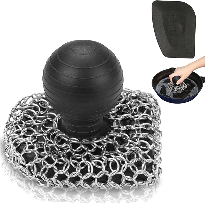 Cast Iron Scrubber Set with Steel Wool Scrubber Set, 316 Chainmail Scrubber, Upgraded Chain Mail Scrubber Sponge,Stainless Steel Scrubber with Handle(6 Pcs)