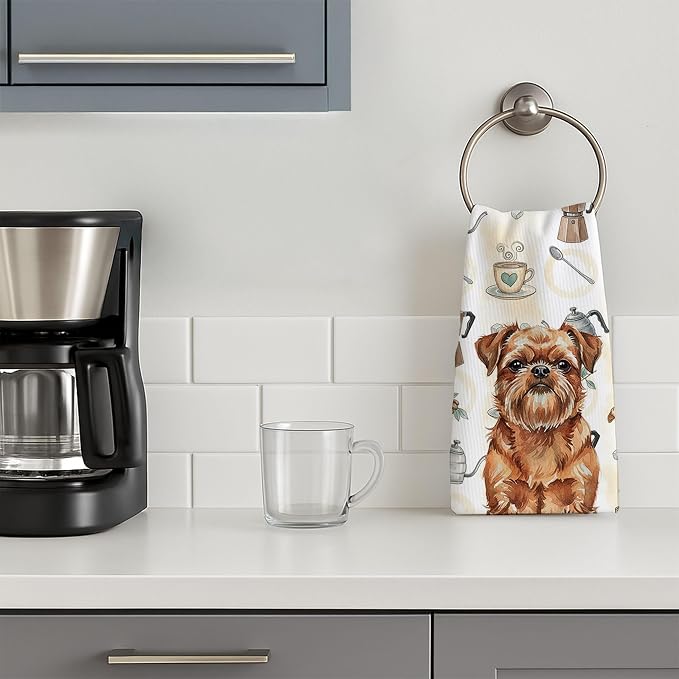 Caroline's Treasures Red Brussels Griffon Coffee Bar Kitchen Towel Velour Plush Front and Cotton Loop Back Machine Washable
