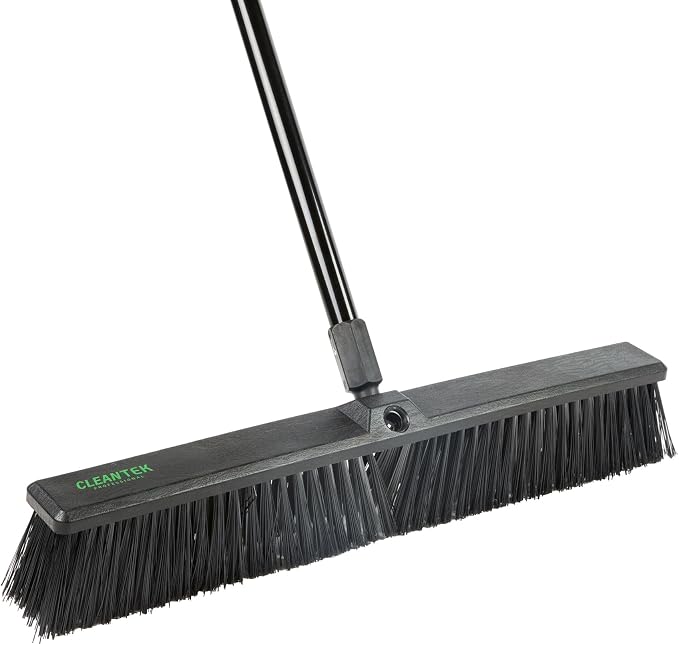 Restaurantware-Clean Tek Professional 23.62 Inch Push Broom, 1 Heavy-Duty Broom with 59” Handle - Medium Bristles, 2 Handle Attachment, Wooden, Commercial Use, for Deck, Garage, Yard, Patio