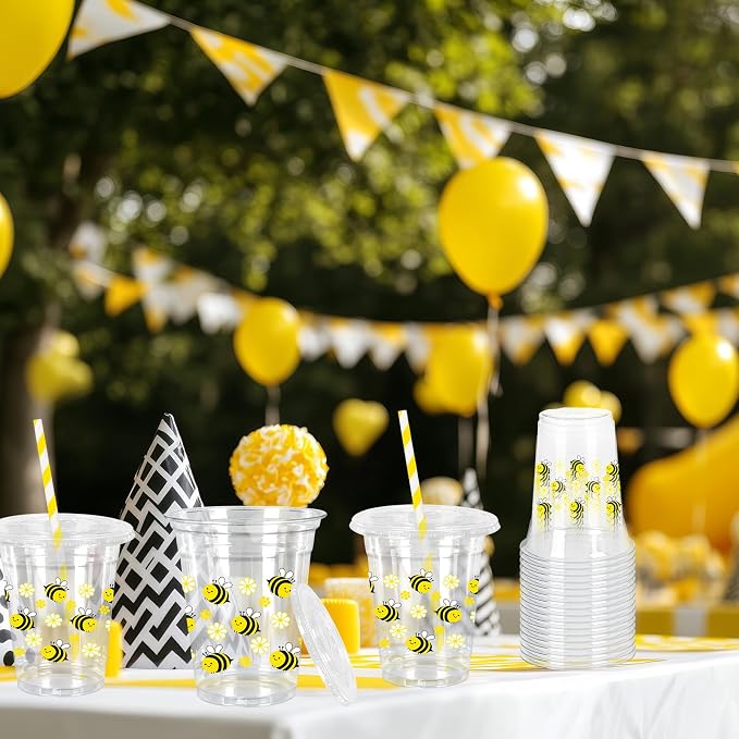 FYSUIMU 50Pcs 12Oz Floral Bee Plastic Cups with Lids & Straws Disposable Clear Drinking Cups for Summer Birthday Baby Shower Party Supplies