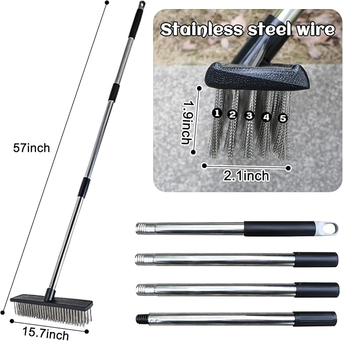 Heavy Duty Wire Push Broom Brush, 15.7" Stainless Steel Bristle Deck Brush with Long Handle for Removing Weeds, Outdoor Broom for Rough Surface Dirt