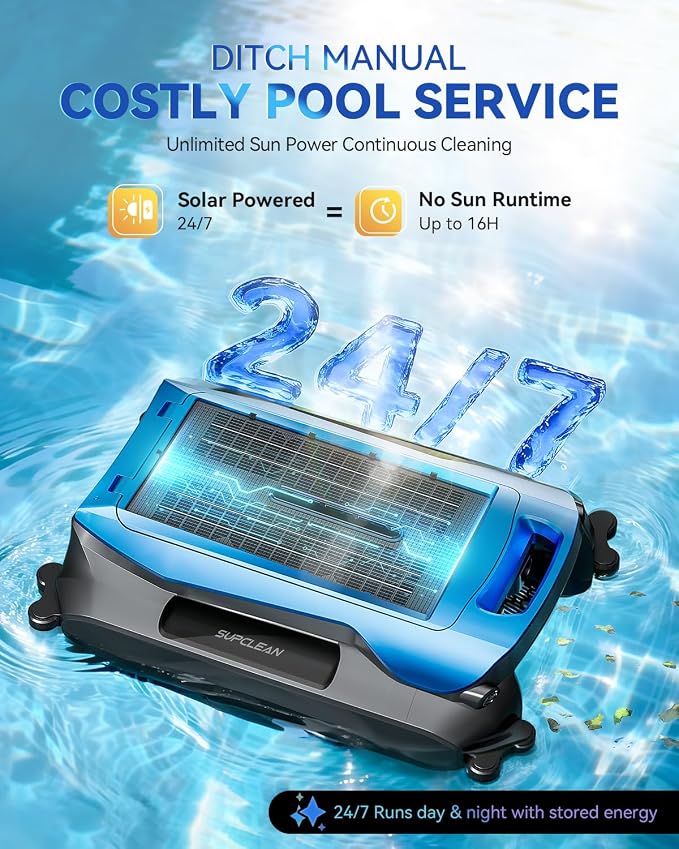 24/7 Solar Powered Pool Skimmer Robot with APP Support, Automatic Electric Floating Surface Cleaner for Above Ground & Inground Pools, Auto Robotic Pool Skimmer Bluetooth Control（Blue）