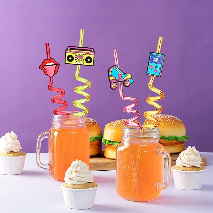 24 90s Party Favors 1990's Retro Element Straws for Back to The 90s Party Decorations Supplies with 2 PCS Straws Cleaning Brush