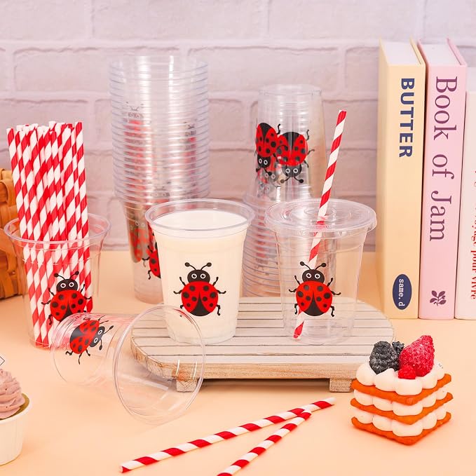 Whaline 50Pcs Ladybug Disposable Plastic Cups with Lids and Straws Cute Insect Cold Beverage Drinking Cups for Birthday Wedding Party Supplies