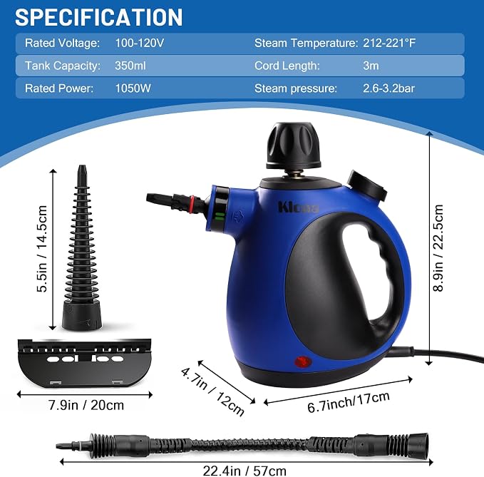 KLONA Steam Cleaner, Multi-Purpose Handheld Steam Cleaner with 10 Accessories, Steam Cleaning Handheld for Removing for All Dirt, Upholstery Furniture, Sofa, Tiles, Floor, Window, Bathroom.