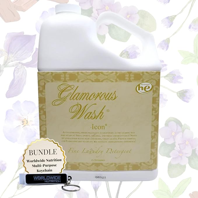 Worldwide Nutrition Bundle: Tyler Candle Company Glamorous Wash Icon Scent Laundry Liquid Detergent - Luxury Liquid Laundry Detergent - 3.78L (1Gal) Container and Multi-Purpose Key Chain