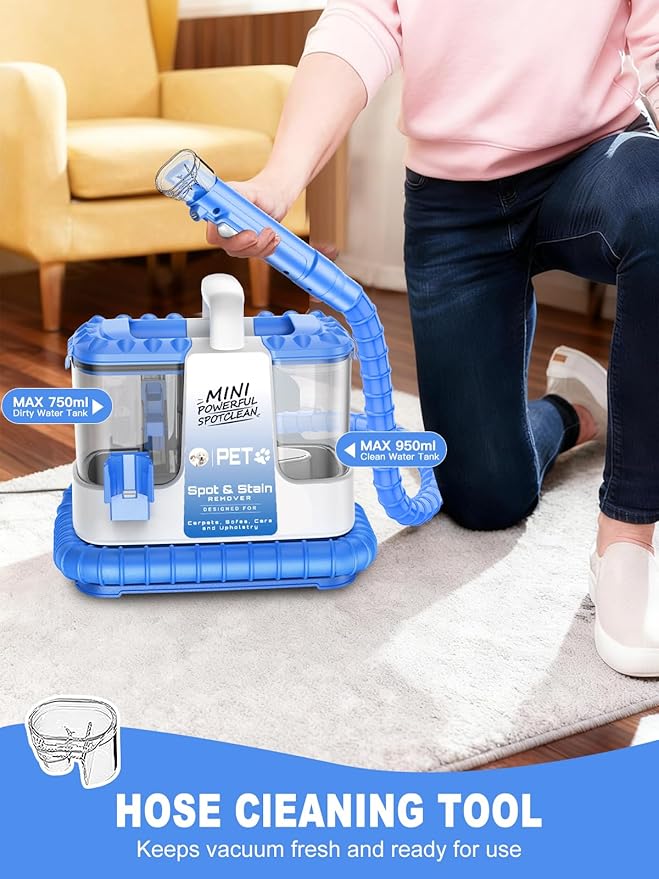 Portable Carpet & Upholestery Cleaner Machine for Pets, Spot, Stain, Couch Cleaner Machine with Powerful Suction and and Cleaning Solution, Car/Auto Detailer, Lightweight Compact Design, Blue