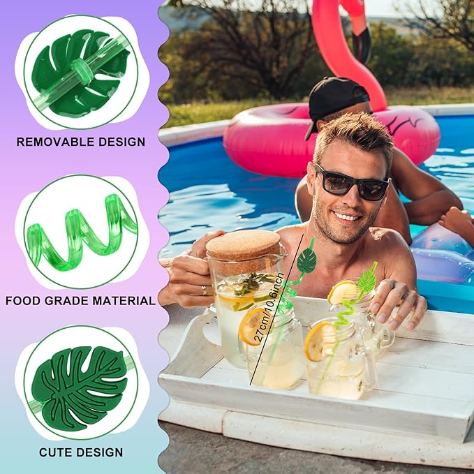 JarThenaAMCS 24Pcs Hawaiian Tropical Straws with 2Pcs Cleaning Brushes Green Palm Leaves Reusable Plastic Straws Summer Drinking Straw for Tropical Beach Pool Party Supplies