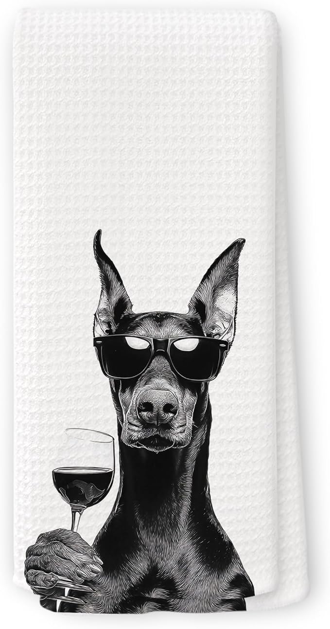 Funny Doberman Wine Kitchen Towels, Gifts for Dog Wine Lovers, Bar Accessories Dish Tea Towels for Kitchen, Dog Owners Housewarming Gift Decorative Hand Towel 16x24 Inch