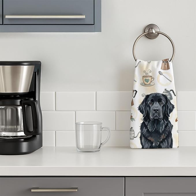 Caroline's Treasures Black Newfoundland Coffee Bar Kitchen Towel Velour Plush Front and Cotton Loop Back Machine Washable
