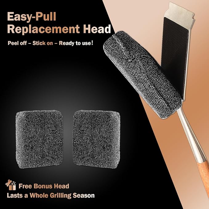 GrillChef Bristle Free Grill Brush, BBQ Steam Cleaning Brush with 2 Replacement Heads, Extra Long Wood Handle, Safe Grill Cleaner for Outdoor Grills, Gift Box Design for Dad Men