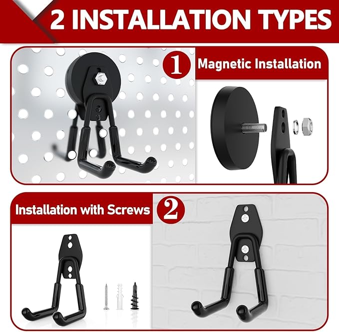 3-H Extra Strong Magnetic Hooks,Heavy Duty Large Anti-Slip Magnet Hooks,No-Drill Tool Holder for Garage,Power Drill,Garden Tools,Hose Storage,2 Pack Black