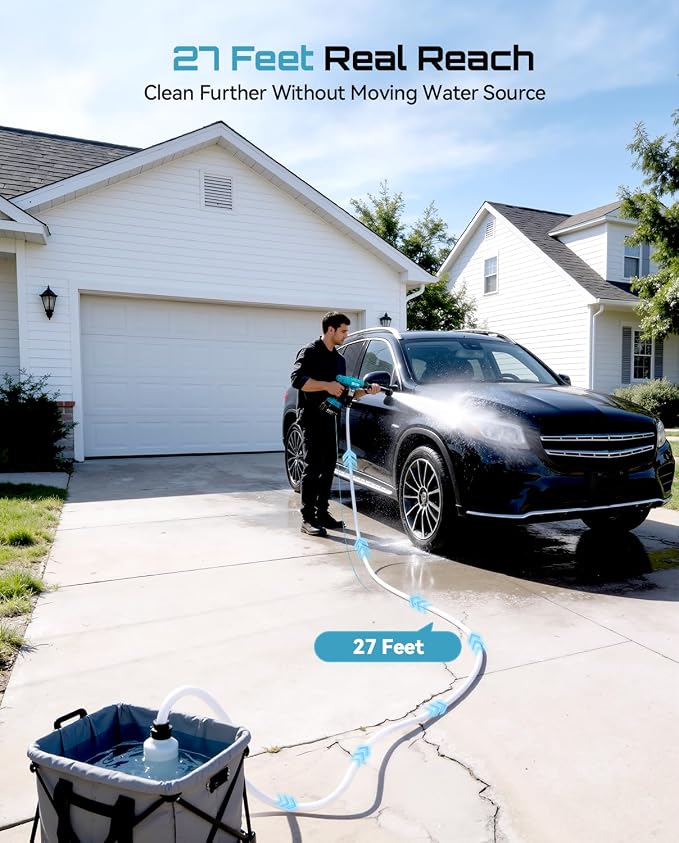 SEESII Cordless Pressure Washer, Portable Power Washer with 4000mAh Battery, Electric Washer Gun with 6-in-1 Nozzle & 27FT Hose, Handheld Power Cleaner for Car, Driveway, Garden, Patio and Fence