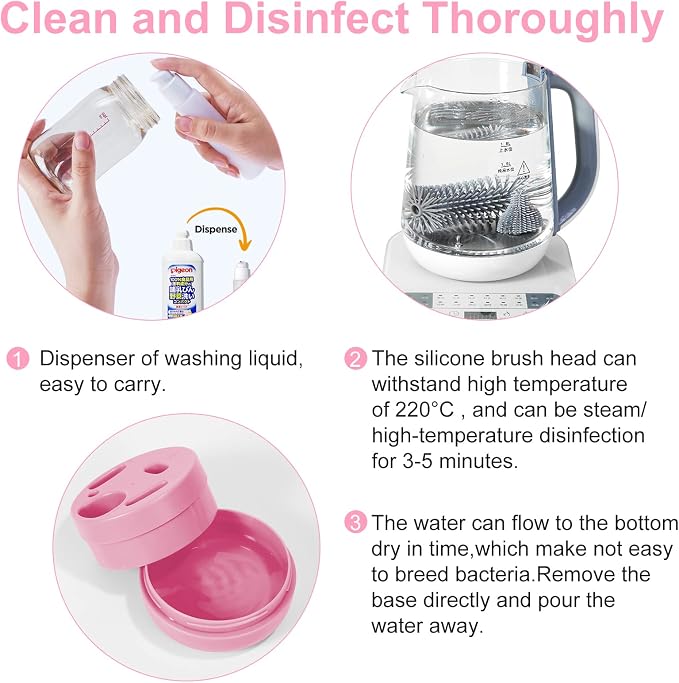 Travel Baby Bottle Brush Set with Extendable Silicone Bottle Brush，Nipple Brush,Staw Brush,Baby Bottle Soap Dispenser,Gift for Newborn Mothers, Suitable for Travel and Home(Peach Pink)