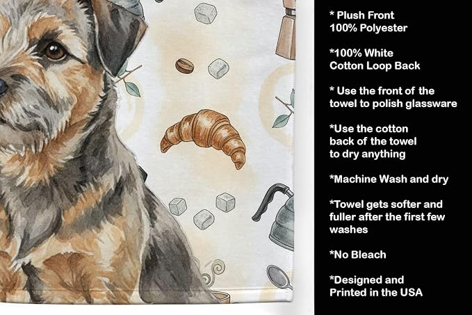 Caroline's Treasures Grizzle and Tan Border Terrier Coffee Bar Kitchen Towel Velour Plush Front and Cotton Loop Back Machine Washable