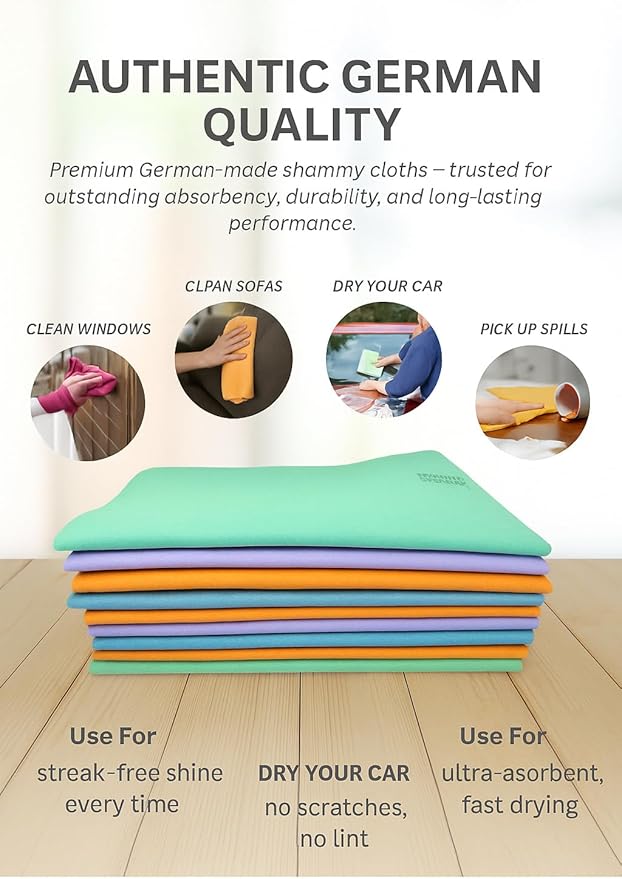 10 Pack Extra Large Original German Shammy Cloths – Super Absorbent Chamois Towels Ideal for pet Care, Parenting, and All-Around Home and Commercial Cleaning, These Ultra-Absorbent Microfiber Cloths