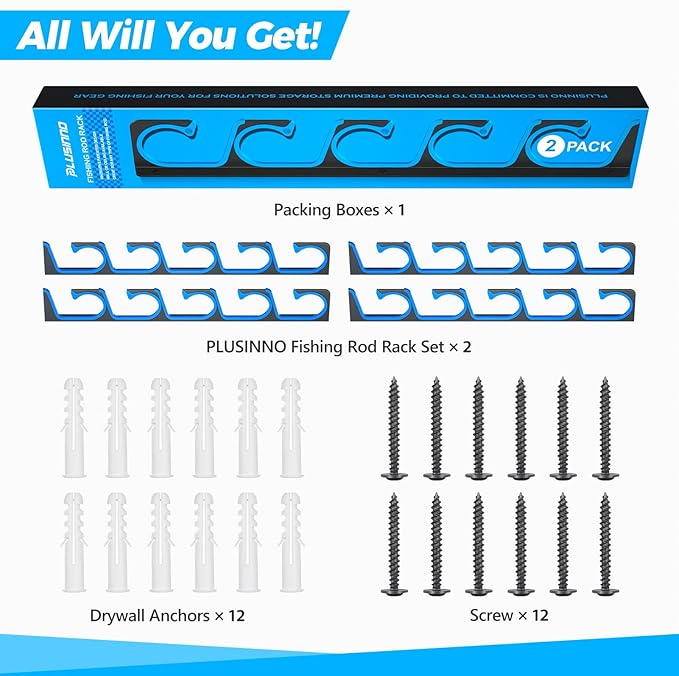 PLUSINNO H5 Horizontal Fishing Rod/Pole Holders for Garage, Wall Ceiling Mounted Fishing Rod Holder, Aviation Aluminum Fishing rod rack Holds up to 5/10/20 Rod or Combos Fishing Gear and Gifts for Men