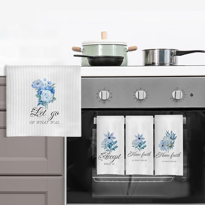 Blue Floral Christian Kitchen Towels, Inspirational Bible Verses Hand Towels for Bathroom Decor, Faith Based Gifts Dish Tea Towels for Kitchen Decor, 16x24 Inch Set of 4