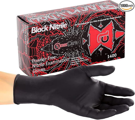 AmerCareRoyal Black Widow Nitrile Latex Free Disposable Gloves - Powder-Free, Exam Grade Gloves with Textured Grip - Extra Large, Black, Case of 1000