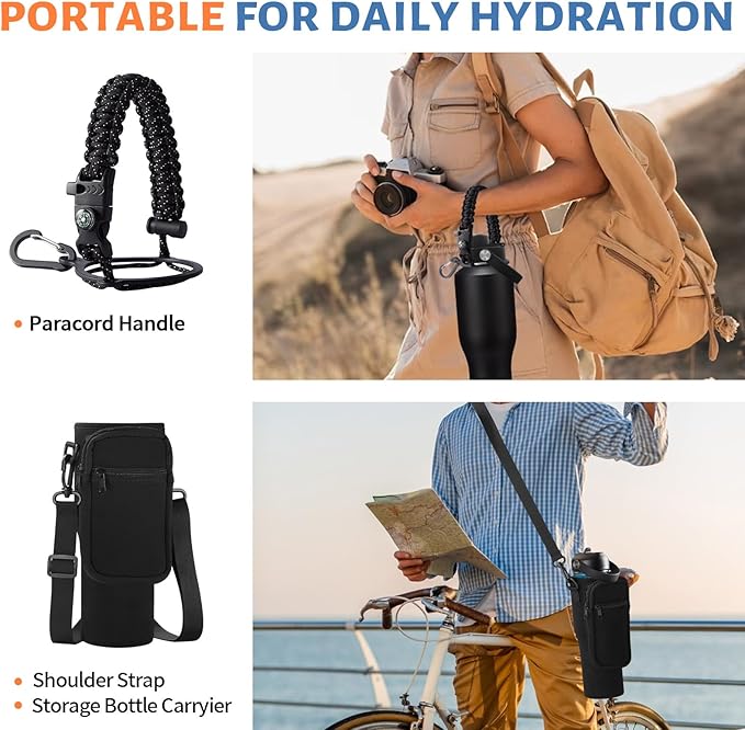 40 oz Water Bottle with Straw That Fits in Car Cup Holder, Cold 48H Hot 24H, Leakproof Stainless Steel Flasks Thermo Jug, Paracord Handle, Carry Pouch with Shoulder Strap