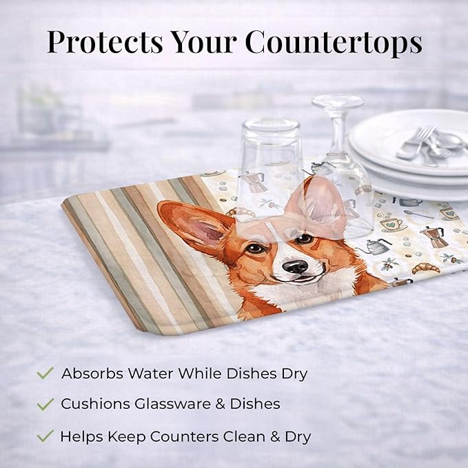 Caroline's Treasures Red Cardigan Welsh Corgi Coffee Bar Dish Drying Mat Absorbent Dish Drying Mat Pad for Kitchen Counter Dish Drainer Mat for Countertop, 14 x 21", Multicolor