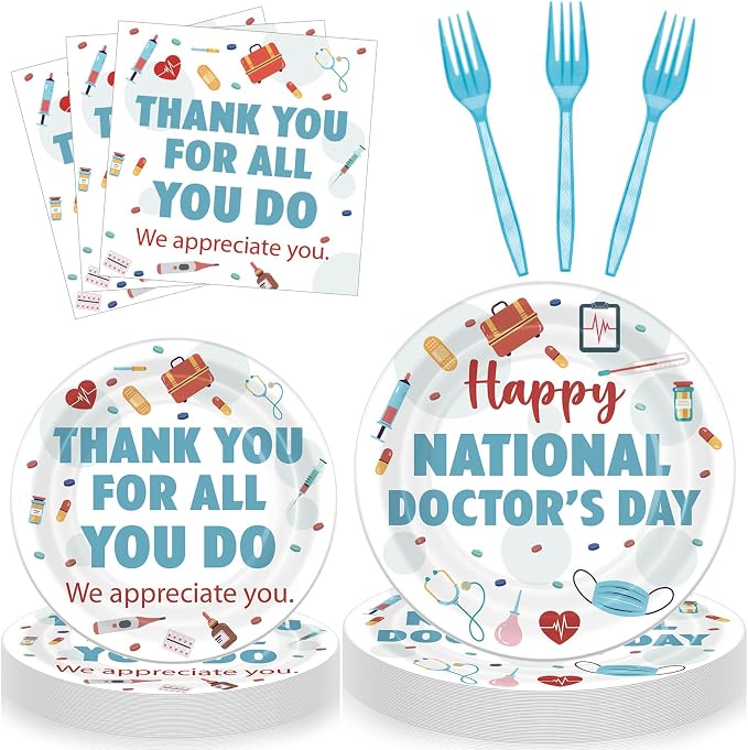 Remerry 96 Pcs Happy National Doctor's Day Party Supplies Thank You for All You Do Paper Plates Napkins Disposable Appreciation Doctor Employee Staff Tableware for Holiday Party Decoration