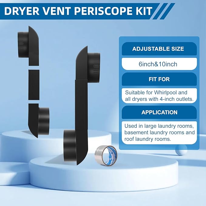 Periscope Dryer Vent, 6.5" to 12" Two Fixed Sizes, Stainless Steel Flat Slim Duct with Black Coating, Vent Kit for Tight Space, Includes 4" Adapter&Foil Tape 2 adjustable fixing clamps,OEM Upgraded