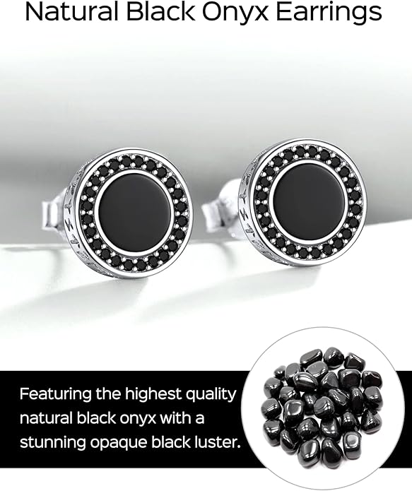 ChicSilver 925 Sterling Silver Viking Rune Natural Black Onyx Stud Earrings For Women Men