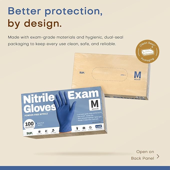 SUP Nitrile Exam Gloves, Powder-Free Latex-Free Food Safe Disposable Glove for Medical Lab Cooking Cleaning, Med Blue 1000 Ct