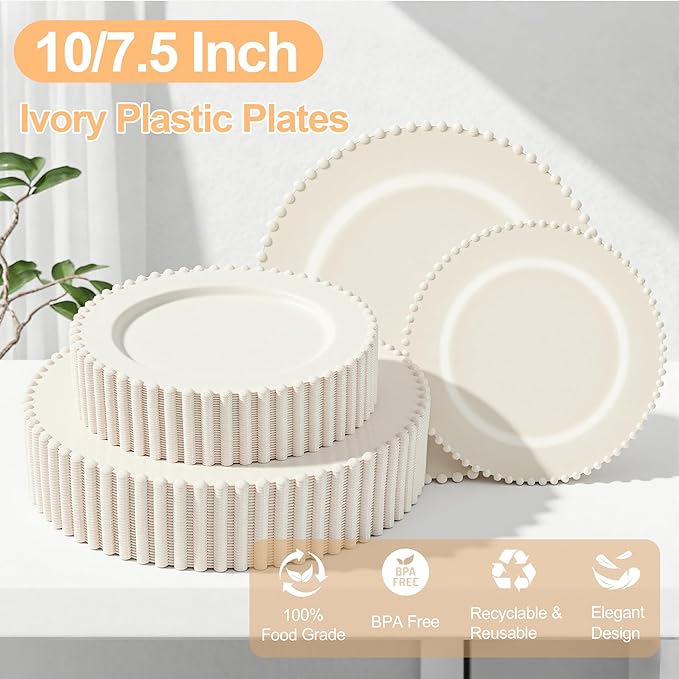 60PCS Ivory Plastic Plates - Beaded Ivory Disposable Plates - Premium Cream Plastic Plate Include 30 Dinner & 30 Dessert Disposable Plate for Birthday, Baby Shower Spring, Wedding & Party