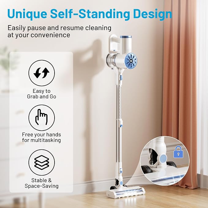 VIPSUN Cordless Vacuum Cleaner with Self-Standing, LED Screen Stick Vacuum Cleaners for Home, Lightweight Powerful Suction Vacuum, 6-in-1 Rechargeable Vacuum for Carpets, Pet Hair, Hardwood Floors