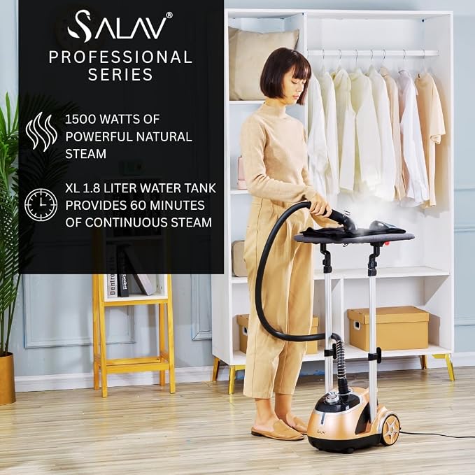 SALAV® Limited Edition Pro Series Standing Garment Steamer & Ironing Board – 1500W, 4 Steam Levels, Stainless Steel Plate, 1.8L Tank, Chrome Finish & Wheels