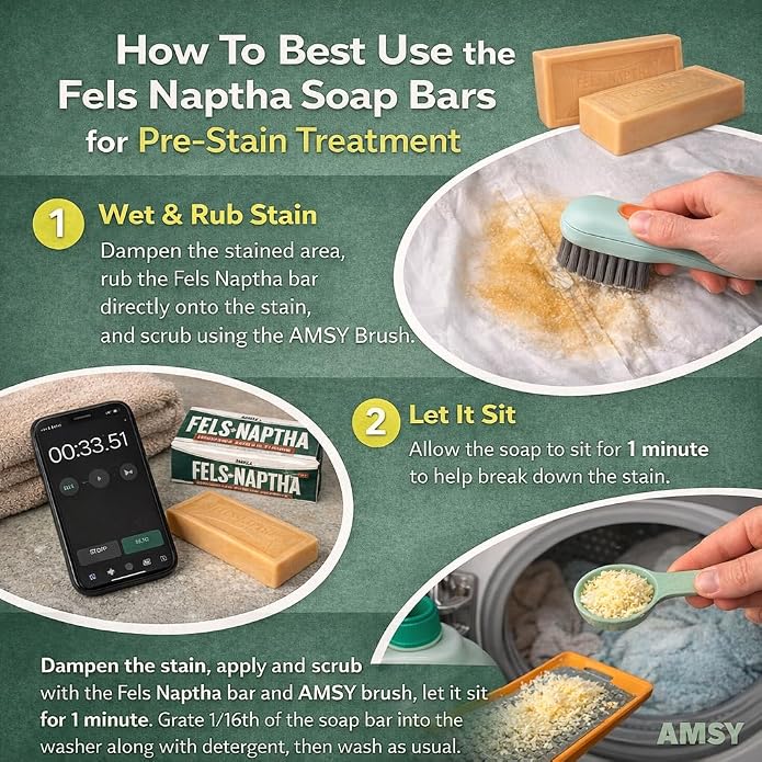 AMSY Stain Remover Bundle - Laundry Brush with Soap Dispenser & 2 Sisal Pouches Bundled with 2 Pack of Fels Naptha Laundry Bars