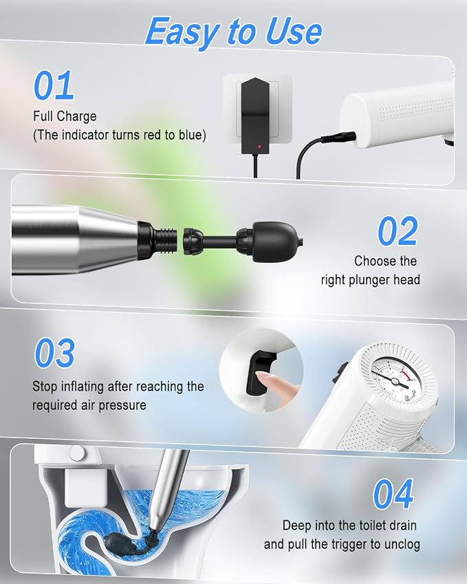 Ublue Electric Toilet Plunger, 4 in 1 High Pressure Toilet Unclogger with Multi-Purpose Heads & Automatic Inflation, Heavy Duty Drain Clog Remover for Bathroom, Washbasin and Floor Drain