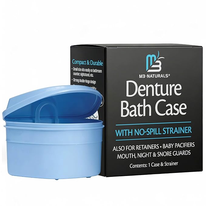 Denture Bath Case and Retainer Case, Denture Bath Cup for Invisalign Retainers Mouthguards Dentures Cleaner Kit with Strainer Spill-Free Portable Retainer Cleaner Case by M3 Naturals (Pack of 2)