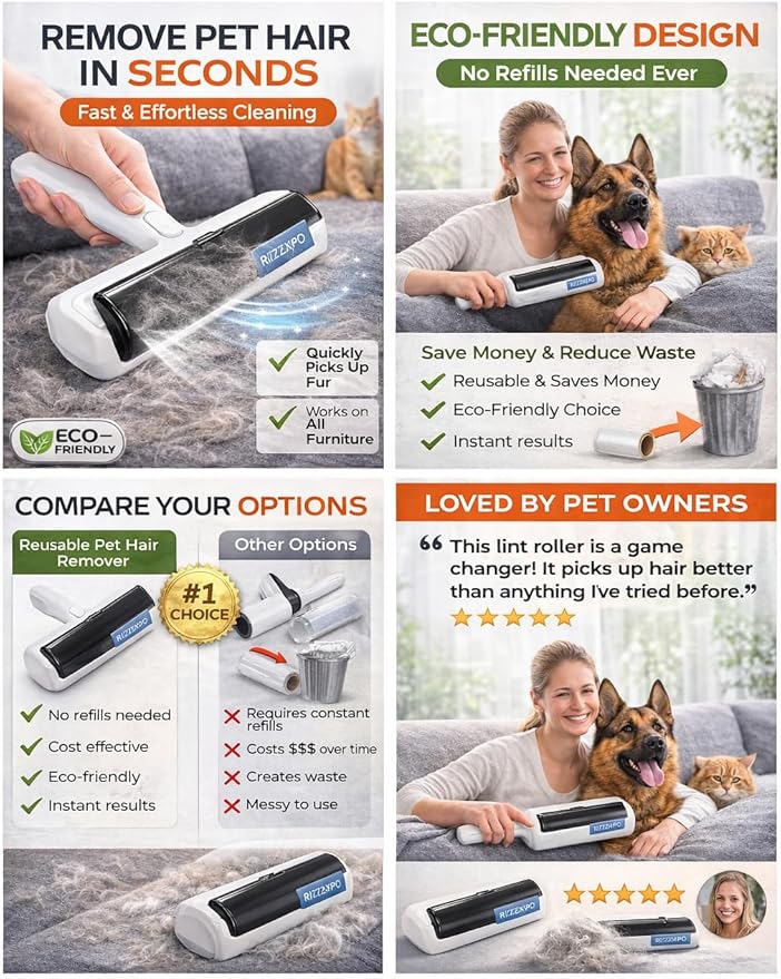 Pet Hair Remover, Reusable Lint Roller for Cat & Dog Hair, Carpet Rake for Pet Hair Removal, Cat Hair Remover Furniture, Dog Hair Remover for Car, Couch, Rugs & Bedding
