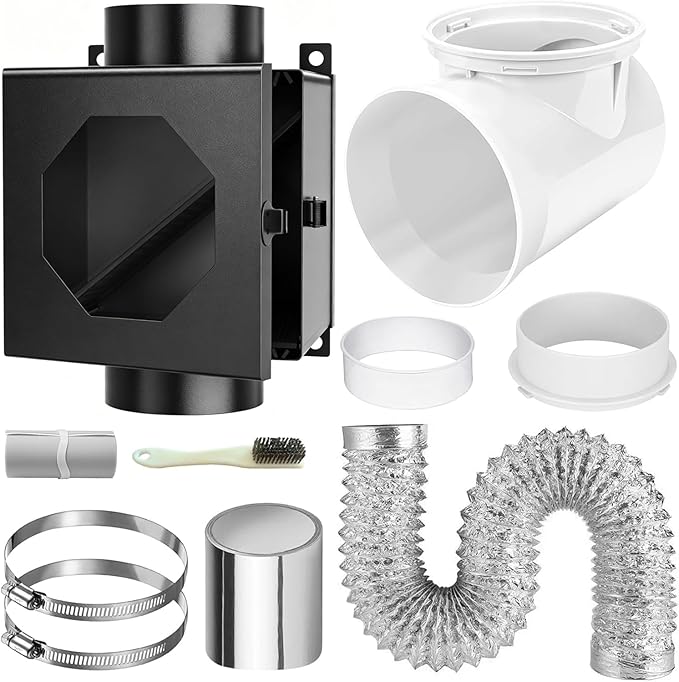 Dryer Lint Trap Indoor Vent Kit, 90 Degree Elbow Metal Lint Catcher Box with Vent Duct Hose Clamps, Sealing Tape, Cleaning Brush & Filter Screens, Space Saving Dryer Vent Connector Set