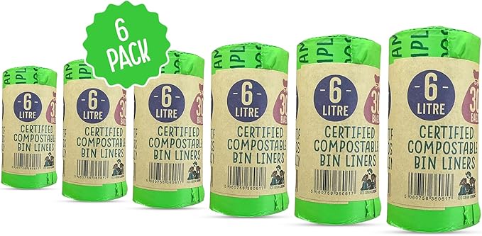 Eco Green Living 6 Litre Compostable Bin Liners, Plastic Free & Recyclable Caddy Bags for Food Waste, Leak Resistant Small Bin Liners, 36 x 66 cm - Six Pack (180 Bags)