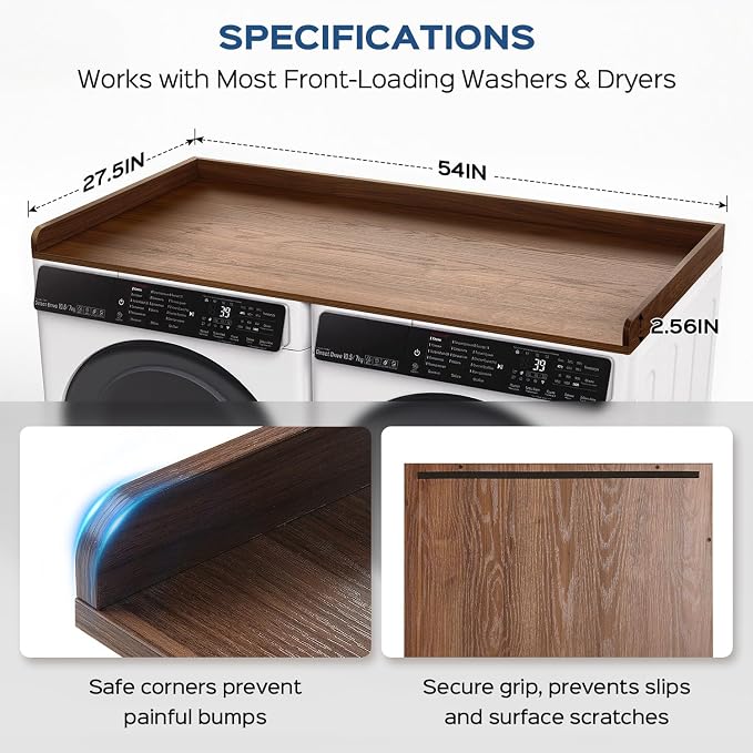 Fivesun Washer Dryer Countertop, 27.5" x 54“ Wood Washer and Dryer Countertop with Edge Rails for Laundry Room Organization and Storage, Dark Walnut