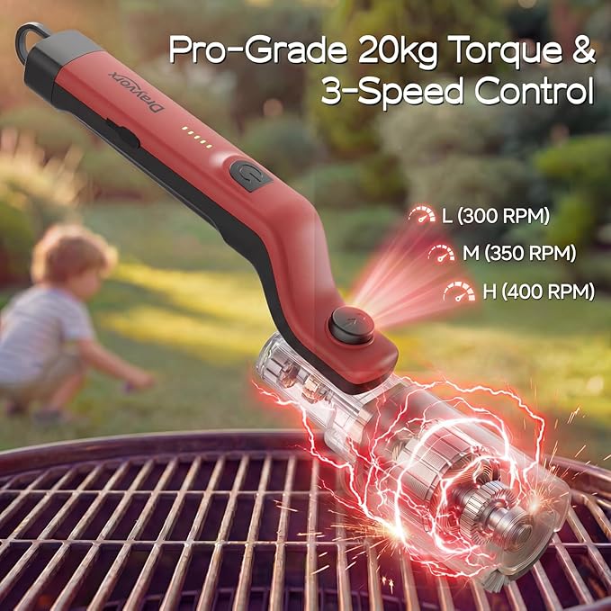 Electric Grill Brush, High Torque Grill Brush with 3-Speed Modes, 20kg Max Torque BBQ Cleaner Safe for Porcelain Cast Iron Stainless Steel, Reinforced Steel Bristles, Type-C Rechargeable