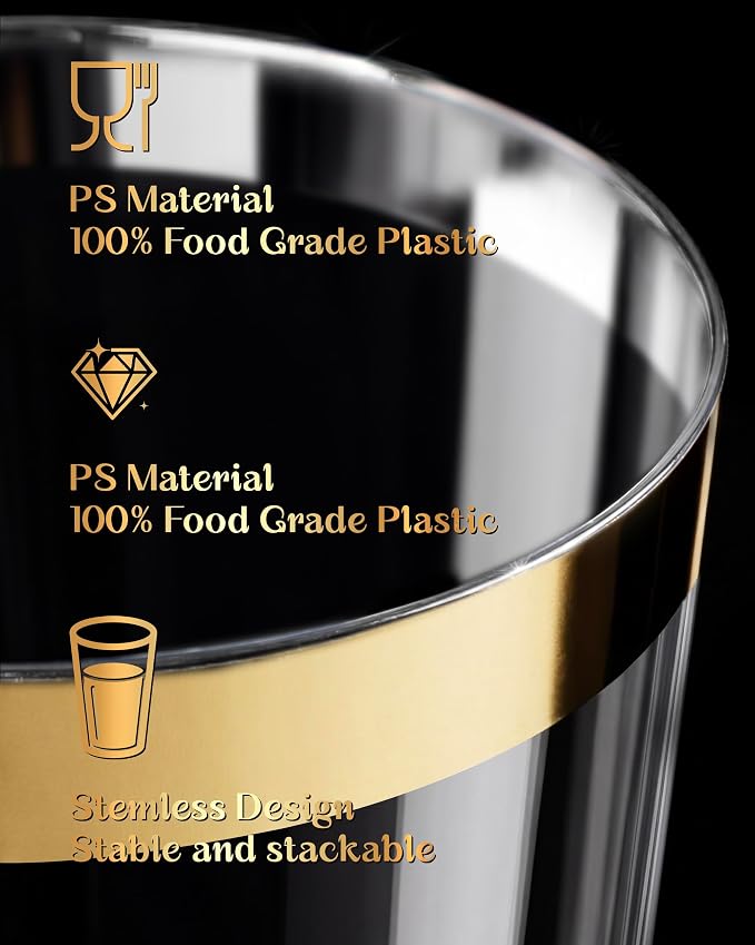 Nervure 120PCS Gold Plastic Cups - 10Oz Gold Rim Plastic Cups - Heavy Duty Disposable Cups - Clear Cup with Gold Rim for Weddings, Birthdays, Gatherings and Party
