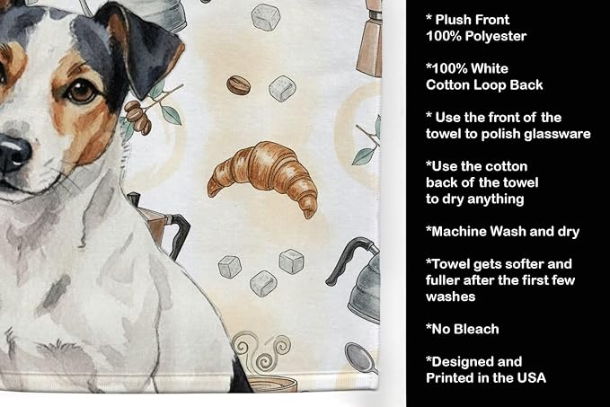 Caroline's Treasures White with Black Markings Russell Terrier Coffee Bar Kitchen Towel Velour Plush Front and Cotton Loop Back Machine Washable