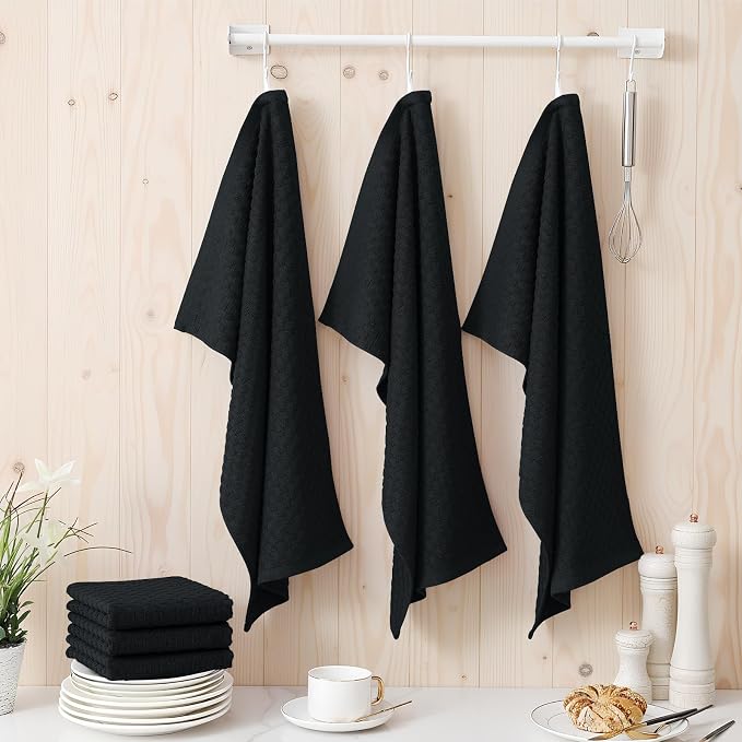 Homaxy 100% Cotton Terry Kitchen Towels(15" x 25", 4 Pack), Soft and Super Absorbent Dish Towels, 380 GSM Reusable Tea Towel with Hanging Loop, Pineapple Grid Designed, Black