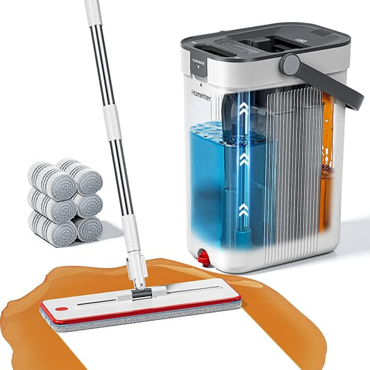 HoMettler Mop and Bucket Set, 3-Tank Flat Mop and Bucket System for Separate Dirty & Clean Water, 65" Mops for Floor Cleaning with 6 Washable Pads, Safe for Hardwood, Vinyl, Tile, Baseboards, Walls