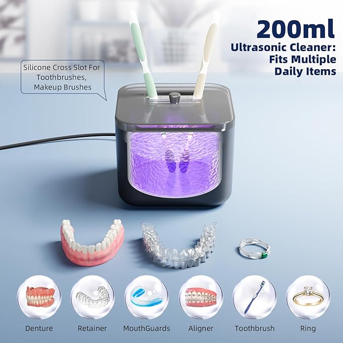 Ultrasonic Retainer Cleaner Machine, Denture Cleaner for Aligners Night Guards Braces Mouth Guards Toothbrush Heads，All-in-One Dental & Jewelry Cleaner, 45kHz 200ML, Dual Modes