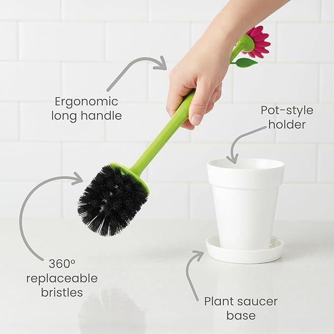 Vigar Flower Power Toilet Brush with Holder Set Toilet Brush with Daisy-shaped Handle, Flowerpot Base with Saucer Durable Bristles for Bathroom, White