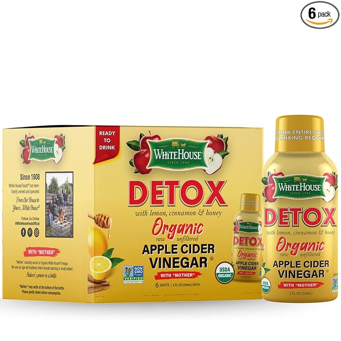White House Detox Apple Cider Vinegar Shots, Raw Unfiltered, On the Go (Detox, Pack of 6)