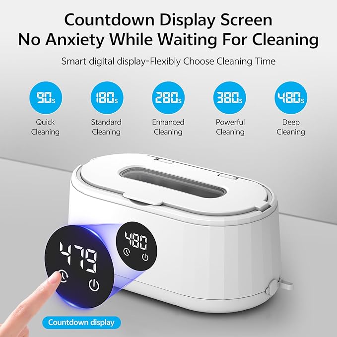 Ultrasonic Jewelry Cleaner, 50kHz Ultrasonic Cleaner Machine for Jewelry, Eyeglasses, Rings, Watch Straps, Toothbrush Heads, Dentures, Retainers, 5 Timers Cleaning Mode, 420ml 304 Stainless Steel Tank
