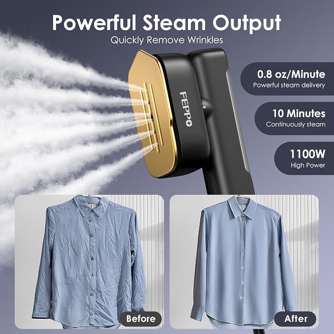 FEPPO Travel Steamer for Clothes, 110-240V Dual Voltage Portable Steamer & Iron 2 in 1, Fast Heat Up, 1100W Powerful Garment Steamer, Large Ceramic Heat Panel for Home & Global Traveling(Black-Gold)