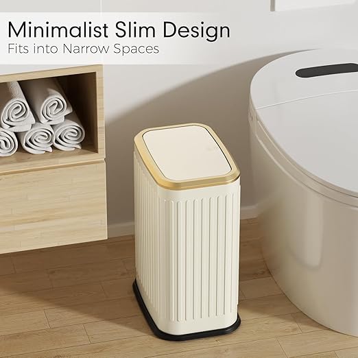 Bathroom Trash Can with Lid, 8L/2.1 Gallon Beige Trash Can Small Garbage Can with Press Top Lid Slim Stainless Steel Garbage Can with 100 Counts Trash Bags for Bathroom Bedroom Kitchen Office Toilet